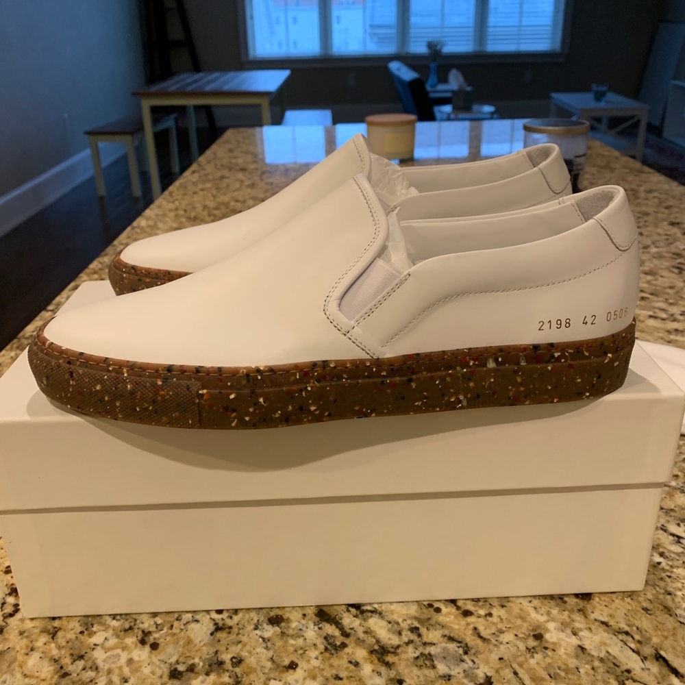 Common Projects white slip-on confetti sole shoes